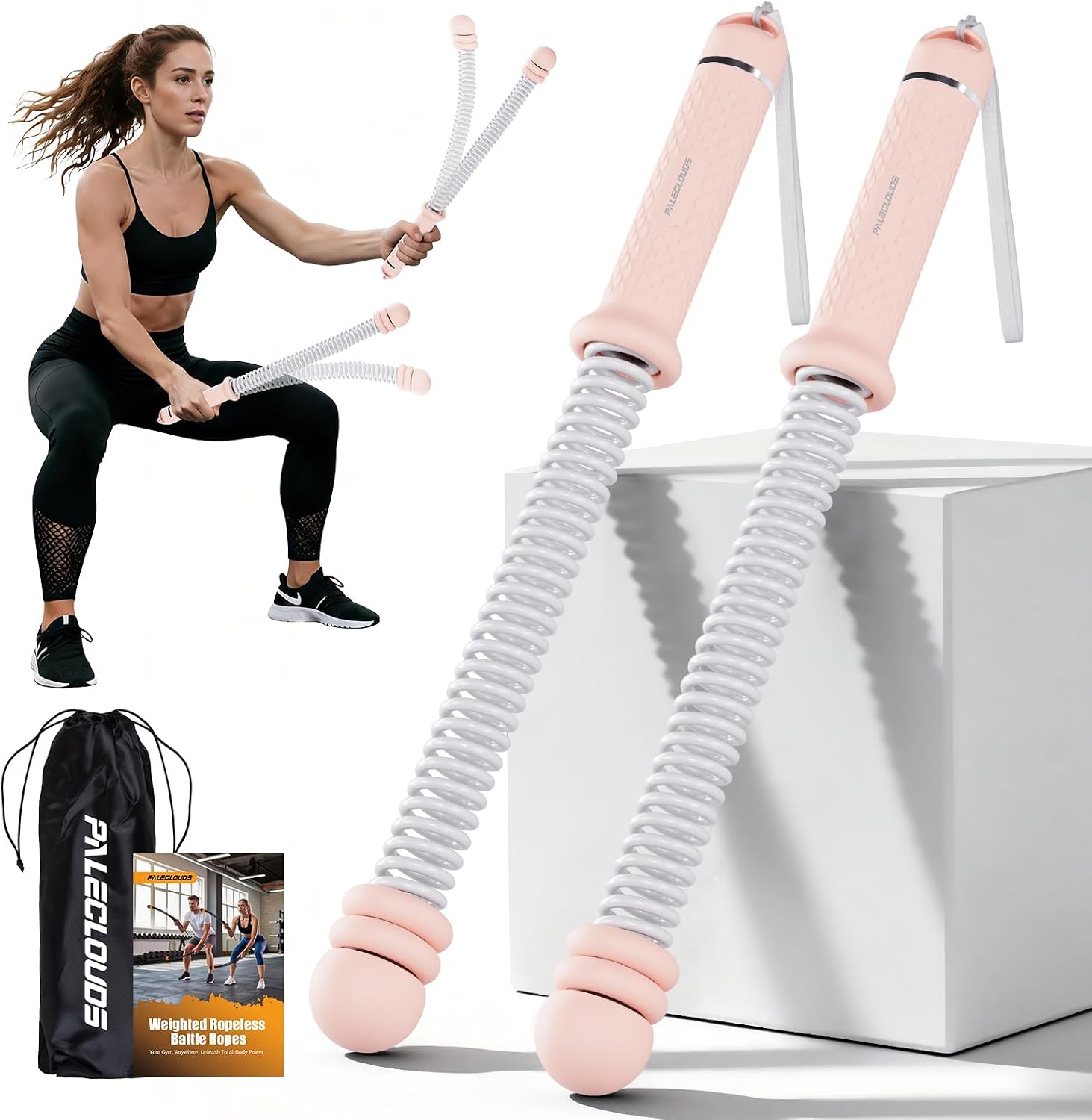 Home Gym Portable - ポータブルロープレスバトルロープ、調節可能なウェイト付きコードレスバトルロープ、収納バッグ付きホームジム用、低衝撃トレーニング、筋力強化、HIIT用ウェイト付きエクササイズ器具、男性と女性向け（ピンク）